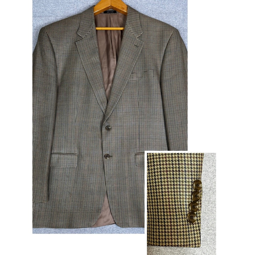 Chaps Blazer 44L Brown 100% Silk Micro Houndstooth 2 Button Sport Coat Jacket